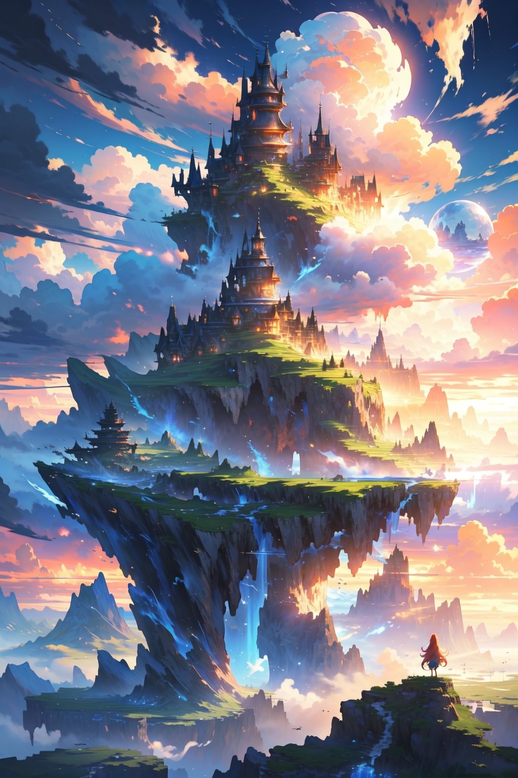 floating islands, beautiful landscape, stunning, watching the world, beautiful clouds, detailed image, stunning image, perfect use of light, ballad lighting, wind, floating islands. image of surreal fantasy. surreal fantasy world.