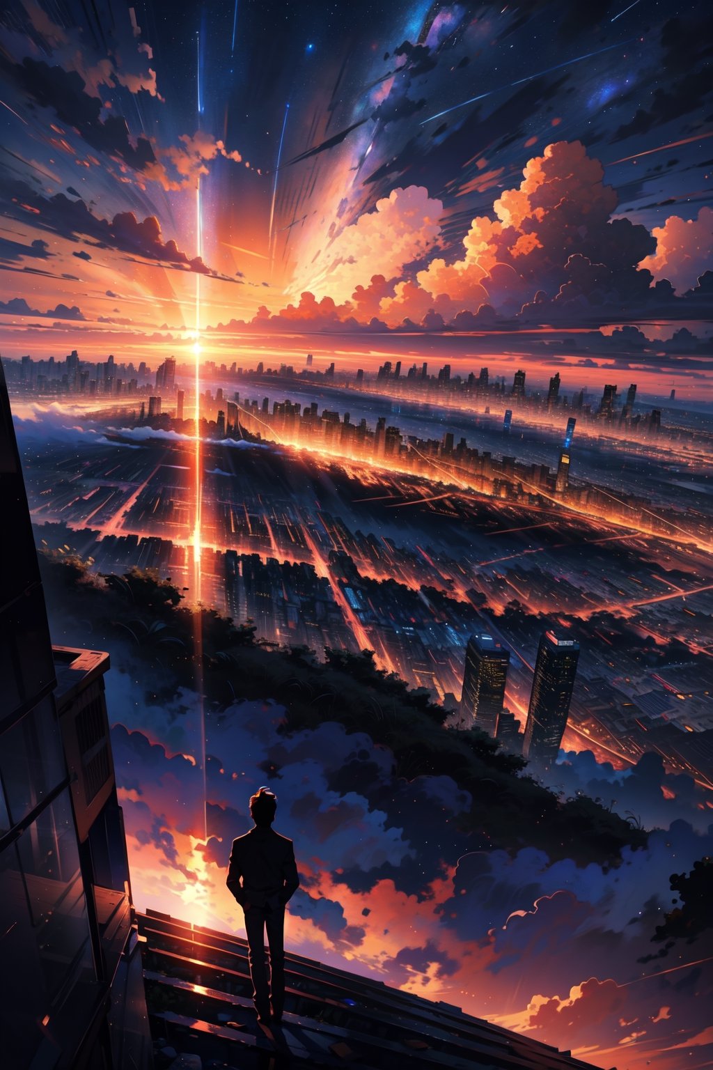 1boy, 1girl, beautiful landscape, night sky, starry sky, grand city, girl watching at sunset, beautiful clouds, beautiful sky, detailed image, beautiful skyscrapers, stunning image, perfect use of light, ballad lighting, wind.