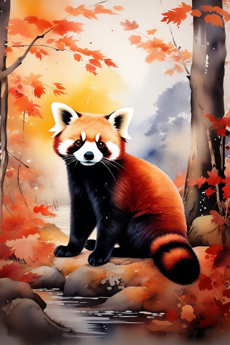 A serene masterpiece: a red panda sits peacefully on the forest floor, surrounded by autumn's fiery hues. Soft, warm lighting illuminates its endearing features, while intricate ink brushstrokes bring texture and depth to the scene. The subject's adorable expression and cute appareance are framed against a stunning wallpaper-quality backdrop of rustling leaves and towering trees. A true work of art in the traditional Japanese style of Ink art.