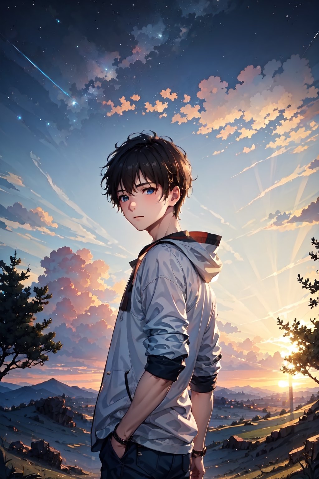 1boy, boy has his back to viewer, beautiful landscape, night sky, starry sky, grand city, boy watching at sunset, beautiful clouds, beautiful sky, detailed image, beautiful trees, stunning image, perfect use of light, ballad lighting, wind,Detailed,masterpiece