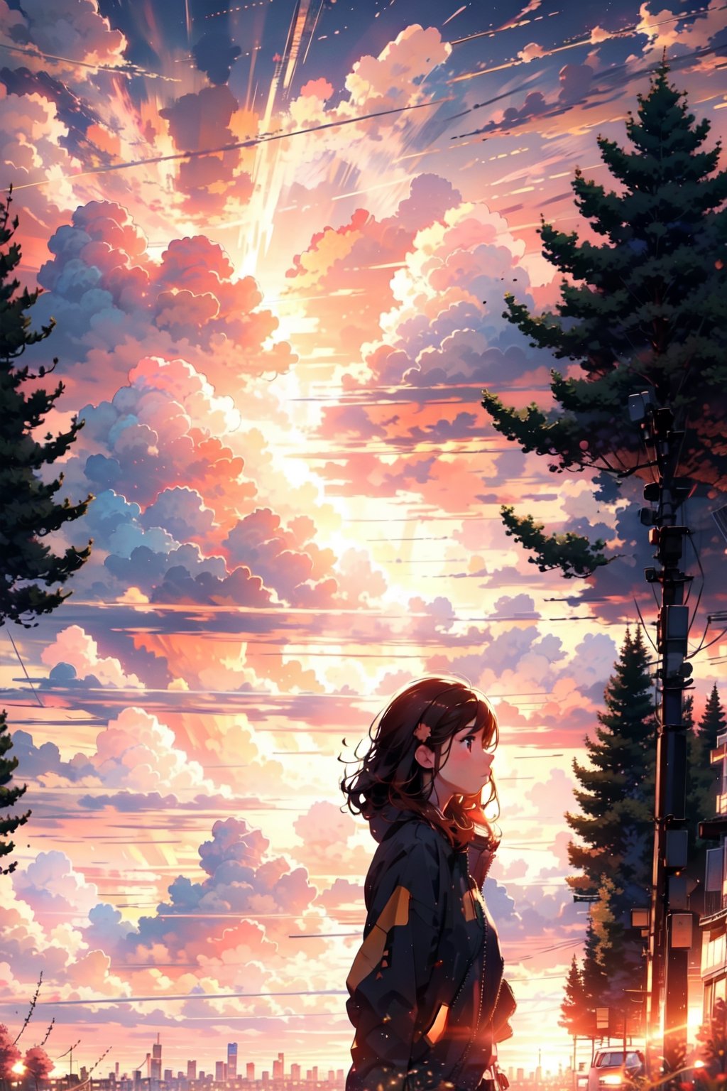 1girl, beautiful landscape, sunset, city, girl watching at sunset, beautiful clouds, beautiful sky, detailed image, beautiful trees, stunning image, perfect use of light, ballad lighting, wind,Beautiful