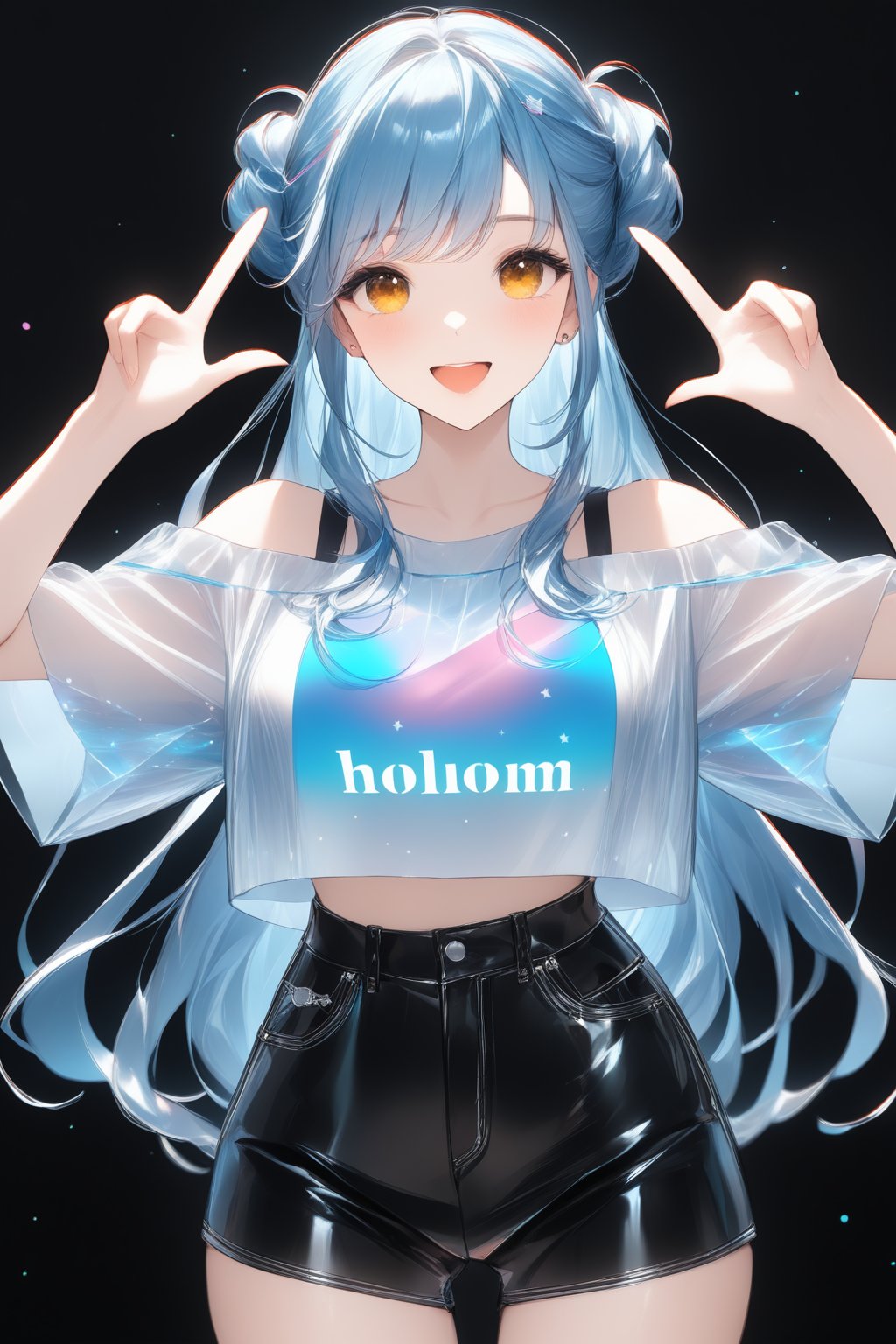 1girl, solo, holographic art, holographic clothes, stars, casual, making a peace sign with both hands, holographic casual outfit, random pose, random hairstyle, light particles, holographic makeup, ((masterpiece quality: 2))