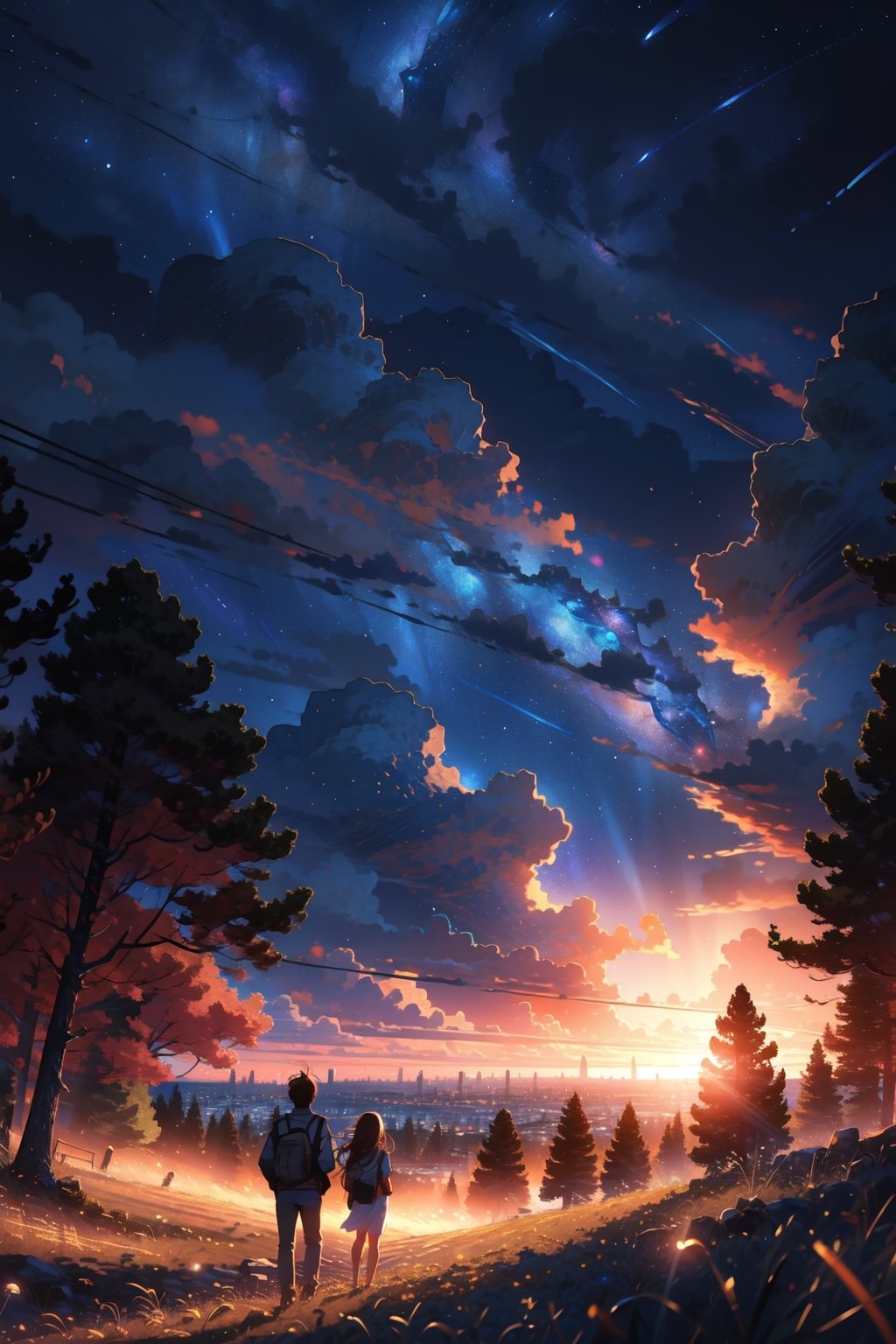 1boy, 1girl, beautiful landscape, night sky, starry sky, grand city, girl watching at sunset, beautiful clouds, beautiful sky, detailed image, beautiful trees, stunning image, perfect use of light, ballad lighting, wind.