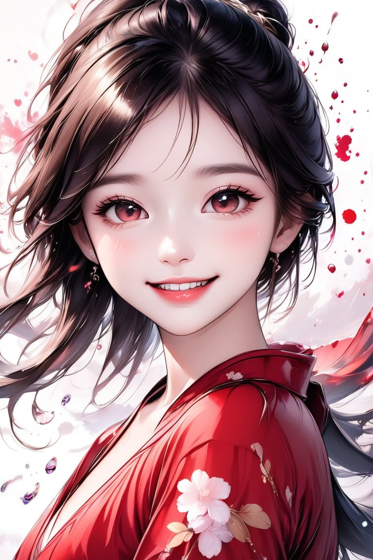 A very beautiful girl that is looking at viewer, she smiles; very elegant girl. Stunning and attractive image, detailed image, masterpiece quality, 8k, ink brushstrokes in background, Ink droplets in background, Anime art style, ink art. 