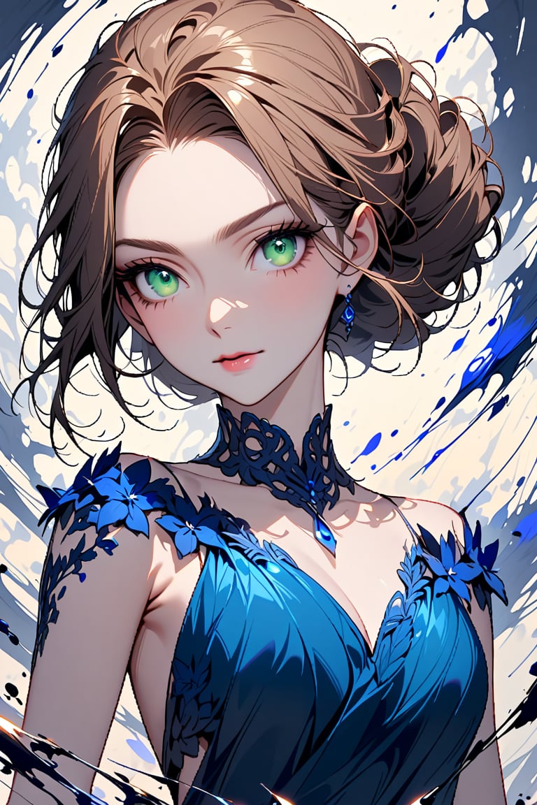 Beautiful girl. She is very badass, she wears a very fancy evening dress. detailed image, detailed skin, very close-up. Himecut hairstyle, green eyes, brown hair, silver brushtrokes in background.,Eyes,Beautiful eyes,INK