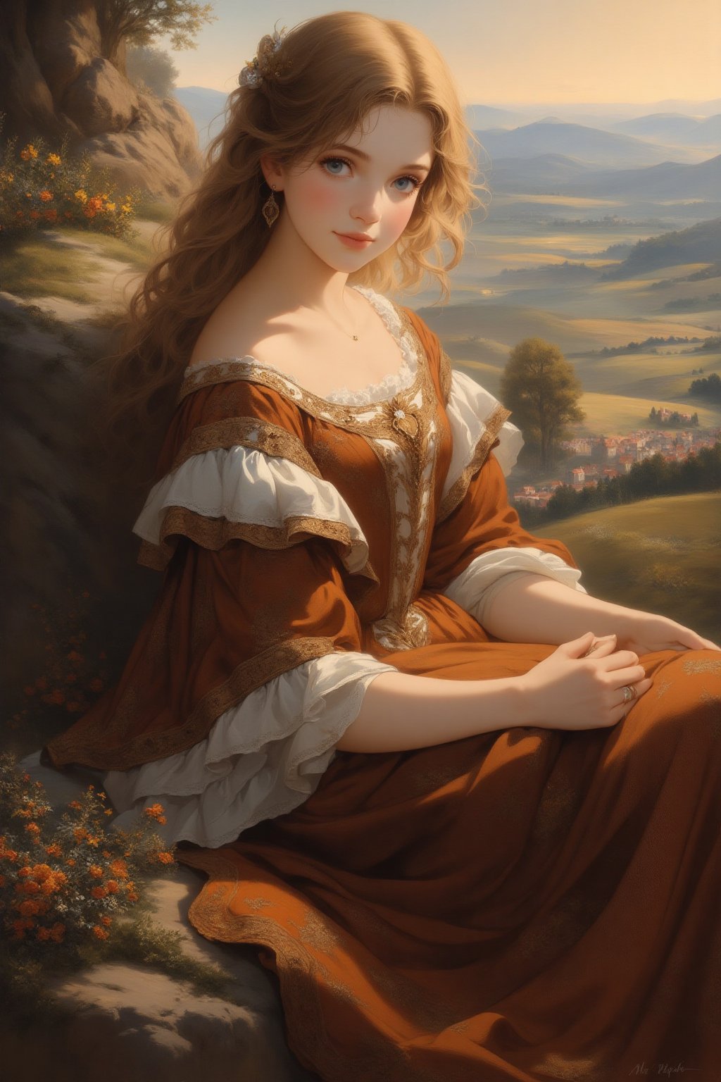 A captivating Renaissance painting depicting a beautiful young woman. She is seated gracefully, adorned in a richly detailed gown of deep velvet and fine silk, embroidered with intricate patterns. Her delicate features are framed by flowing, golden hair, and her serene, contemplative expression is captured with masterful precision. The background showcases a lush landscape with rolling hills and a soft, ethereal light, highlighting the depth and realism characteristic of Renaissance art. The play of light and shadow on her face and attire creates a sense of three-dimensionality, drawing the viewer into the timeless elegance of the scene