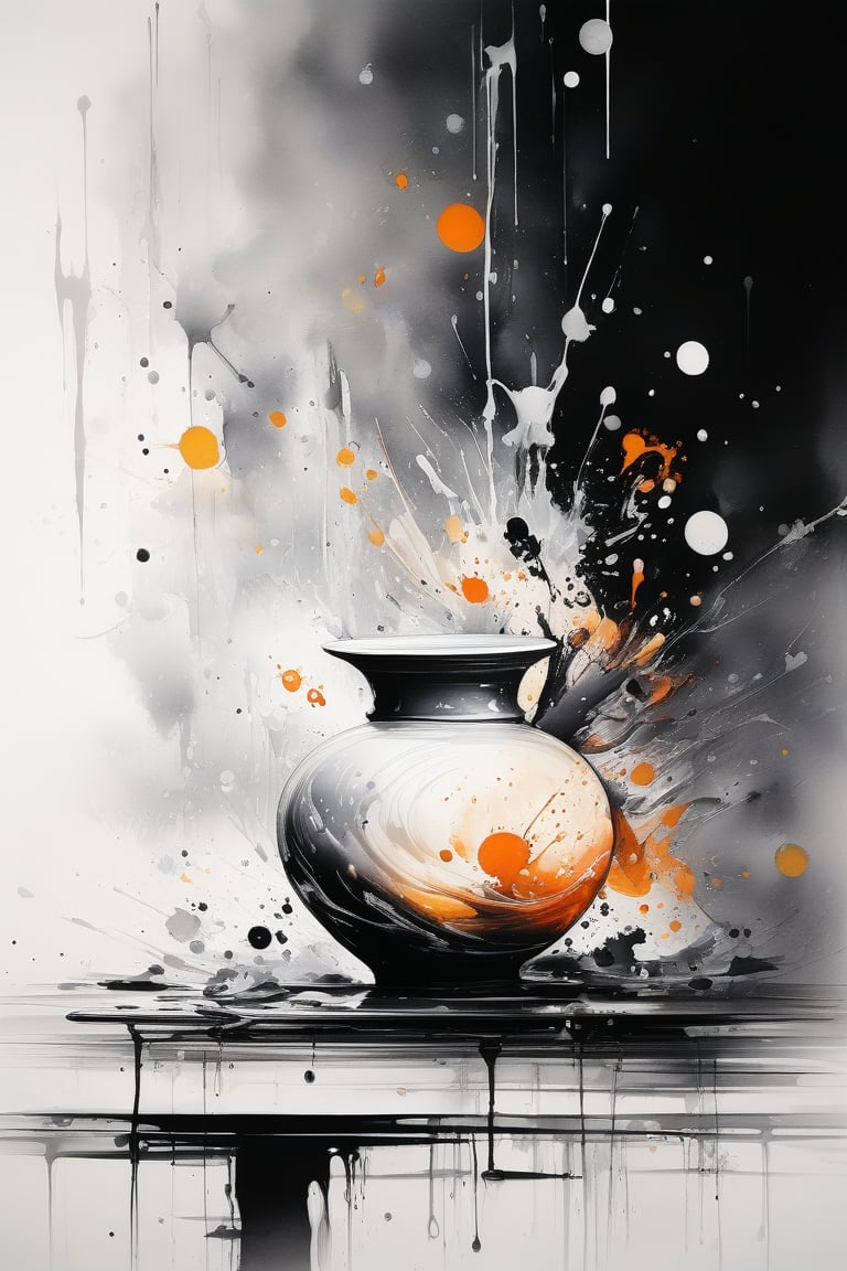 Stunning image of creamic vessel on a tables, ink droplets and burshstrokes in background, ink brushstrokes in background, masterpiece, ((ver beautiful: 2)), fine art parody, Ink art style