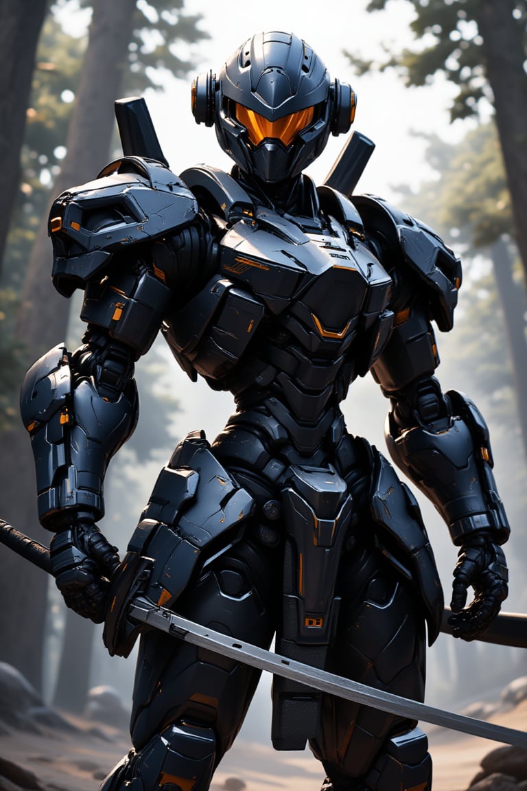 Design an anime-style digital art masterpiece featuring a badass ninja mecha robot, fully armored with a helmet and epic textures (samurai armor), including robot's boots. The mecha is holding a katana, set against a forest background, and looking directly at the viewer. The image is rendered in 8k with a professional style, showcasing a pretty detailed and futuristic character, creating a stunning and epic visual experience.