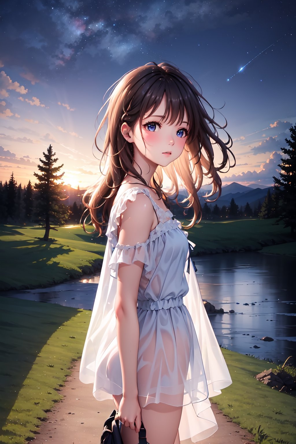 beautiful landscape, night sky, starry sky, grand city, girl watching at sunset, beautiful clouds, beautiful sky, detailed image, beautiful trees, stunning image, perfect use of light, ballad lighting, wind,Detailed,masterpiece,best quality