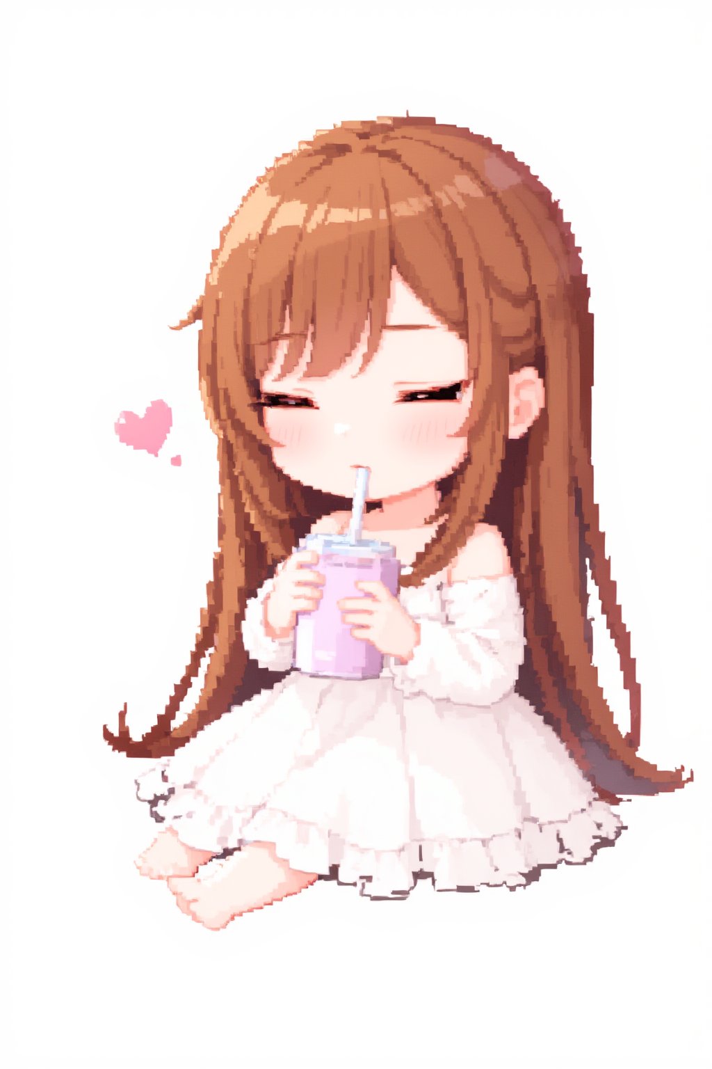 1girl, solo, long hair, blush, bangs, simple background, brown hair, long sleeves, white background, dress, holding, hair between eyes, sitting, closed eyes, heart, chibi, white dress, one side up, = =, drinking straw, scar across eye, character doll, drinking, juice box, Pixel Art