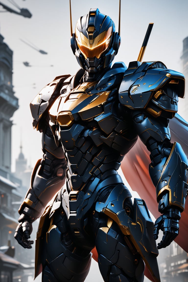 1boy, mecha, ((realistic image: 2)), mecha armor, helmet, realistic, epic textures, realistic textures, ((full body)), cape, city in background, stunning image, badass, pretty detailed image, masterpiece, looking at viewer, epic character, professional style.