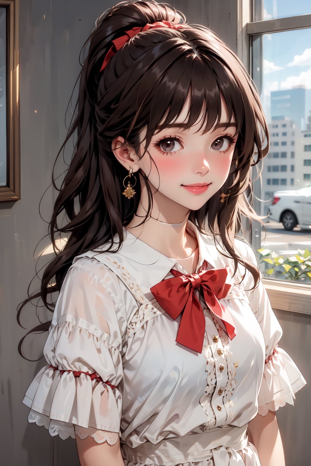 1girl, long hair, looking at viewer, blush, smile, bangs, brown hair, shirt, dress, bow, jewelry, closed mouth, white shirt, upper body, ponytail, earrings, outdoors, frills, solo focus, choker, indoors, bowtie, blurry, parted bangs, grey eyes, window, black bow, depth of field, blurry background, brooch, lace trim, lace