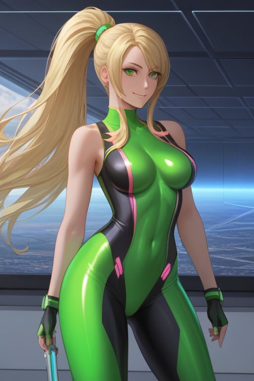 sexy woman, blonde hair, fluorescent green eyes, neon bodysuit, long hair, funny, seductive smile, detailed clothes, hyper-detailed, (((masterpiece))), HD, 8k, detailed shading, dynamic, ponytail, sleeveless shirt,