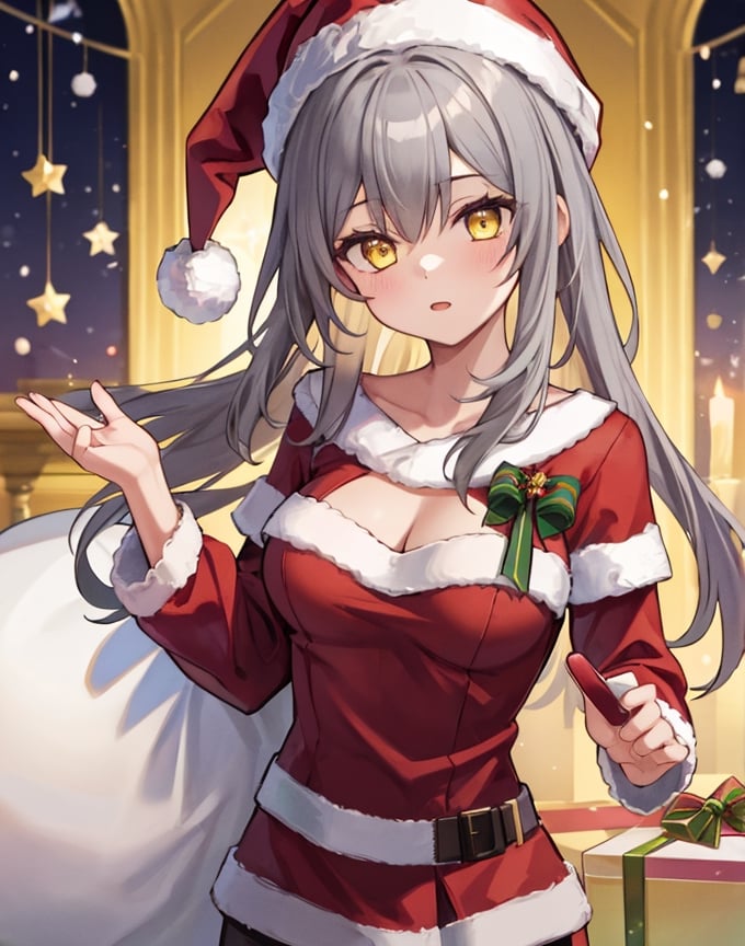 best quality, high resolution, 1girl, yellow eyes. grey hair, steldef, yellow eyes, christmas_hat, (santa_costume), masterpiece, medium_breasts, upper_body