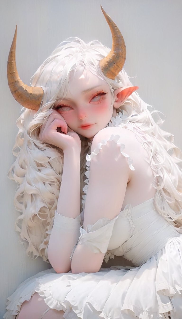 ((((Full body shot:1.5)))), best quality, highest quality, extremely detailed CG unity 8k wallpaper, detailed and intricate, (masterful), 1 girl, (albino demon girl:1.4), with (enchantingly beautiful), (Aesthetic minimalist makeup girl), (long intricate horns:1.4), alabaster skin, ((smirking)), ((girl has sky-blue eyes), ((Depth and Dimension in the Pupils))), ((very long wavy hair, orange-copper colored hair)), (voluptuous woman:1.5), ((huge breasts:1.4)), wide hips, huge ass, thighs tights, perfect legs and feet's,  ((A girl in Fairy Grunge fashion)), (wearing a (white sheer tattered lace dress), ((deep unmoral cleavage)), paired with (((high-heels, platform heels))), ((ribbon hair-bow)), and mismatched socks)), gold accessories), ((well decorated pastel apartment), (realistic environment with sun reflections and shadows), very high quality cinematographic scenography, breathtaking scene of a great masterpiece, crazy 8k graphics, everything wonderful and detailed photorealistic, kitakoumae