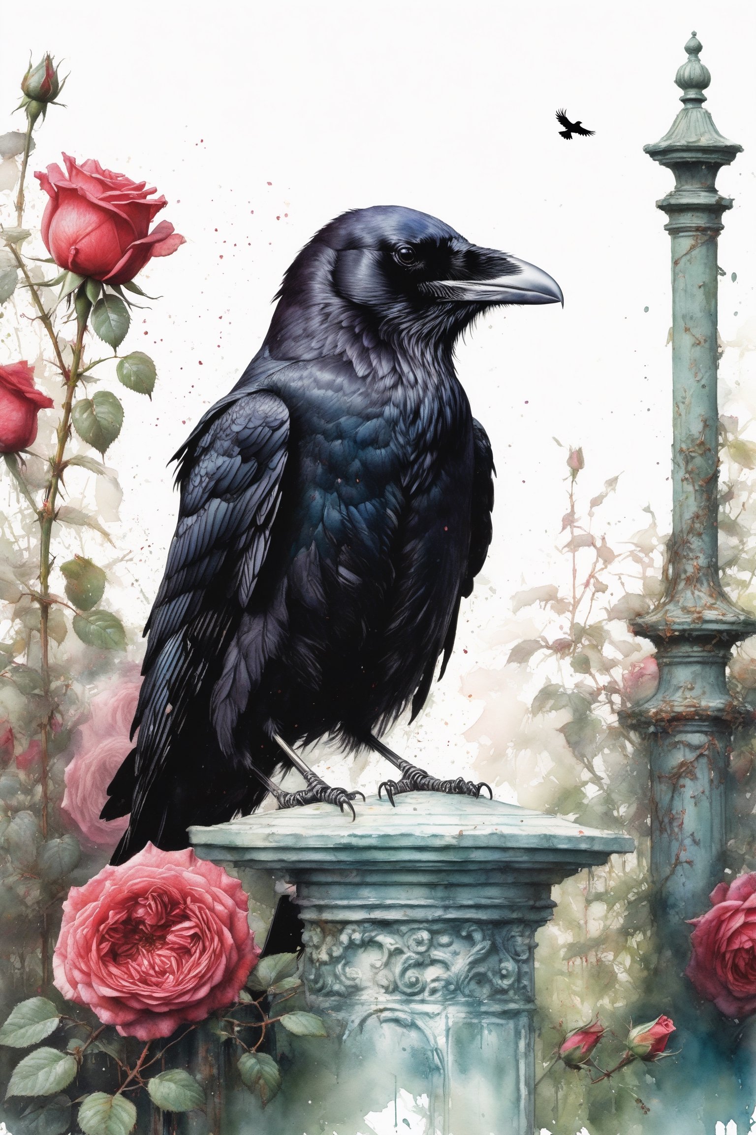 book cover of a rose garden with a raven sitting on a post, ultra hires, in the style of Hans Heysen and Carne Griffiths 