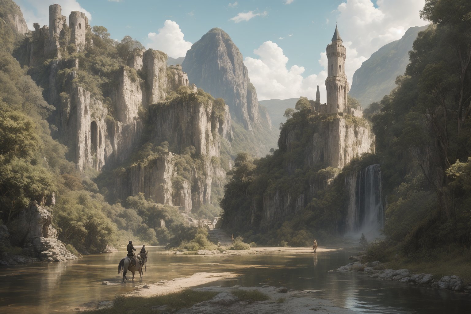 A painting of a serene river flowing through a lush golden valley Tasmania, a castle ruin in the distance where the water itself holds the memories of those who have lived and loved there. The river is depicted with crystal-clear water, A crusade knight sits on his white horse The scene is peaceful and poignant, evoking a deep sense of connection and continuity.