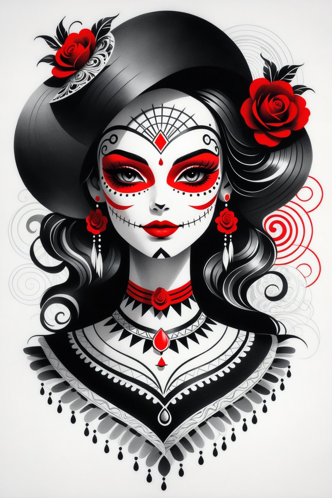 lineart tattoo design, Mexican Catrina, geometric forms with red stripes superimposed, ((drawing lines)), drawing in black and withe, thick lines, filagree, realistic, silkscreen dot pattern in background, white background, monster, Leonardo Style,Pencil Draw,Fashion Illustration,Flat vector art,pencil sketch