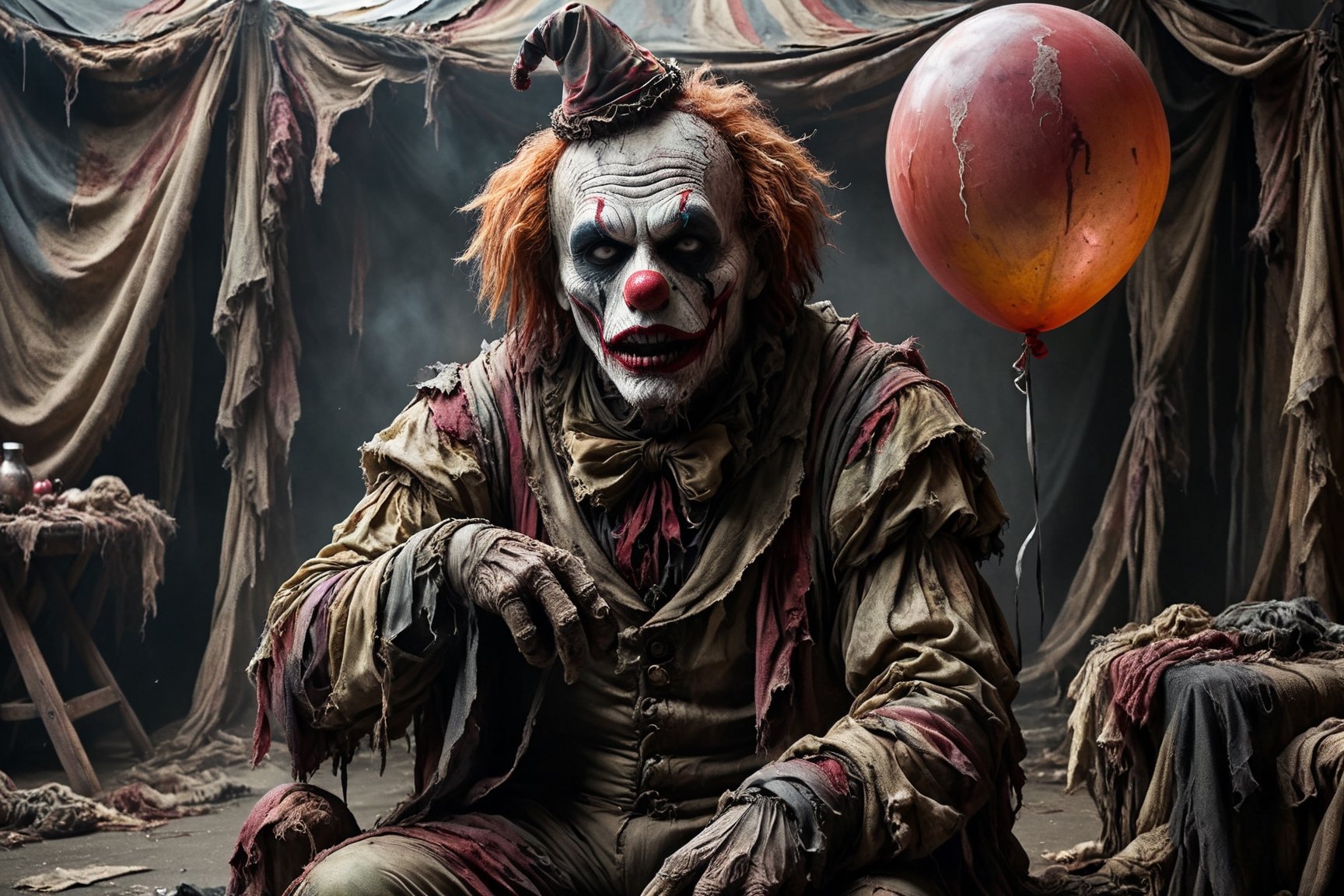 zombie clown sitting in a chair that has two balloons tied to it, putrid skin, disfigured features, torn, dirty and bloody clothes, clown suit, clown hat, bored waiting for someone to come to his performance, circus atmosphere, spooky atmosphere and atmosphere of terror, old dilapidated circus tent in background, 16k UHD, extreme realism, maximum definitions, ultra detail,monster,steampunk style,more detail XL