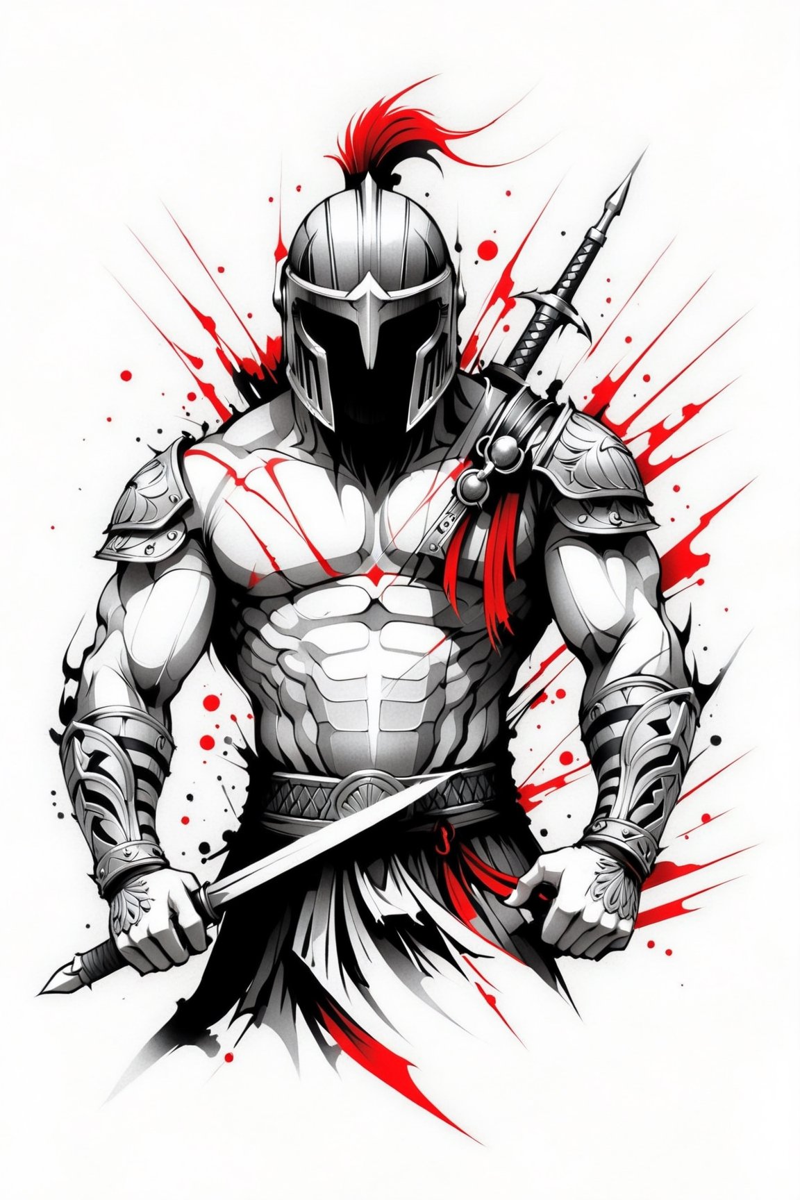 lineart tattoo design, close-up spartan soldier struggling, with helmet, bare chest, bare arms, geometric forms with red sword superimpossed, ((drawing lines)), drawing in black and withe, thick lines, filagree, realistic, silkscreen dot pattern in background, white background, monster, Leonardo Style,Pencil Draw,Fashion Illustration,Flat vector art,pencil sketch,1y0n