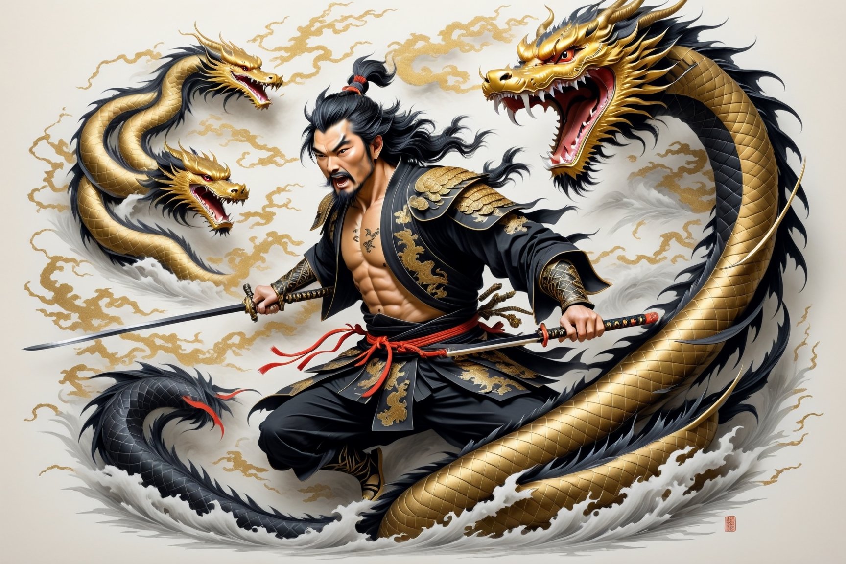 Japanese warrior being attacked by flying dragons, ((only one warrior)), drawing in black and gold colors, filagree, realistic, white backgroung, monster, Leonardo Style,Pencil Draw,concept