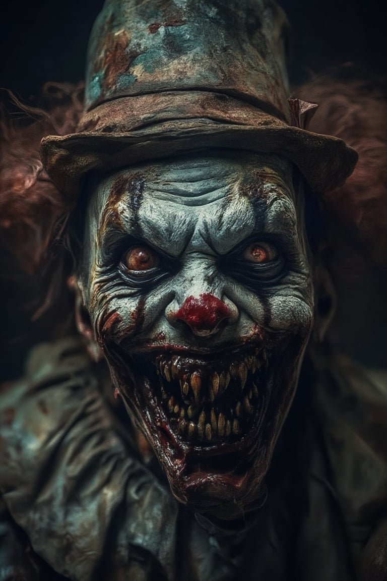 A man with colorful Halloween clown makeup with sunken eyes that seem lifeless. He has a scary smile that shows his bloody teeth. He wears a small clown hat. He looks terrifying and menacing. Full Color, HD quality, 