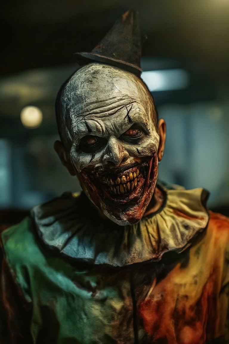 A man with colorful Halloween clown makeup with sunken eyes that seem lifeless. He has a scary smile that shows his bloody teeth. He wears a small clown hat. He looks terrifying and menacing. Full Color, HD quality, 