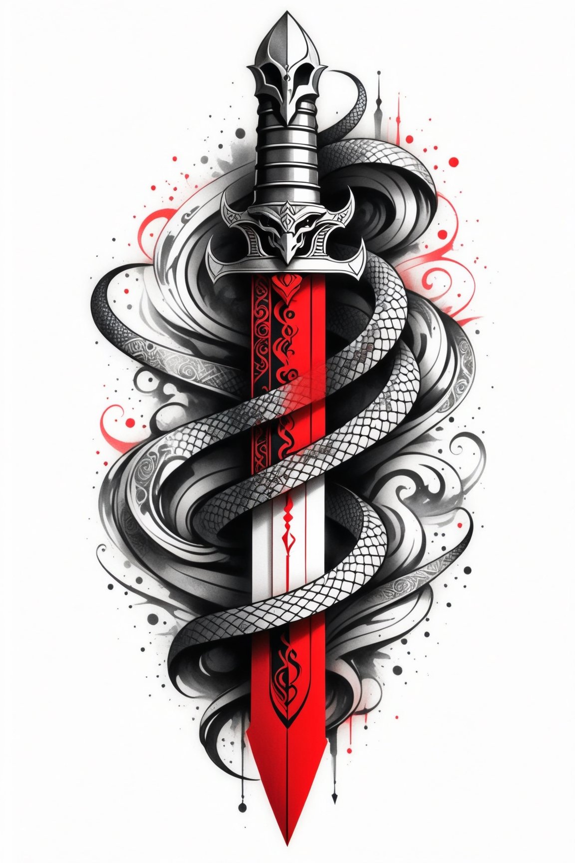 lineart tattoo, geometric design of a dagger with a snake around, with worn red stripes superimposed, ((drawing lines)), drawing in black and withe, thick lines, filagree, realistic, silkscreen dot pattern in background, white background, monster, Leonardo Style,Pencil Draw,Fashion Illustration,Flat vector art,pencil sketch