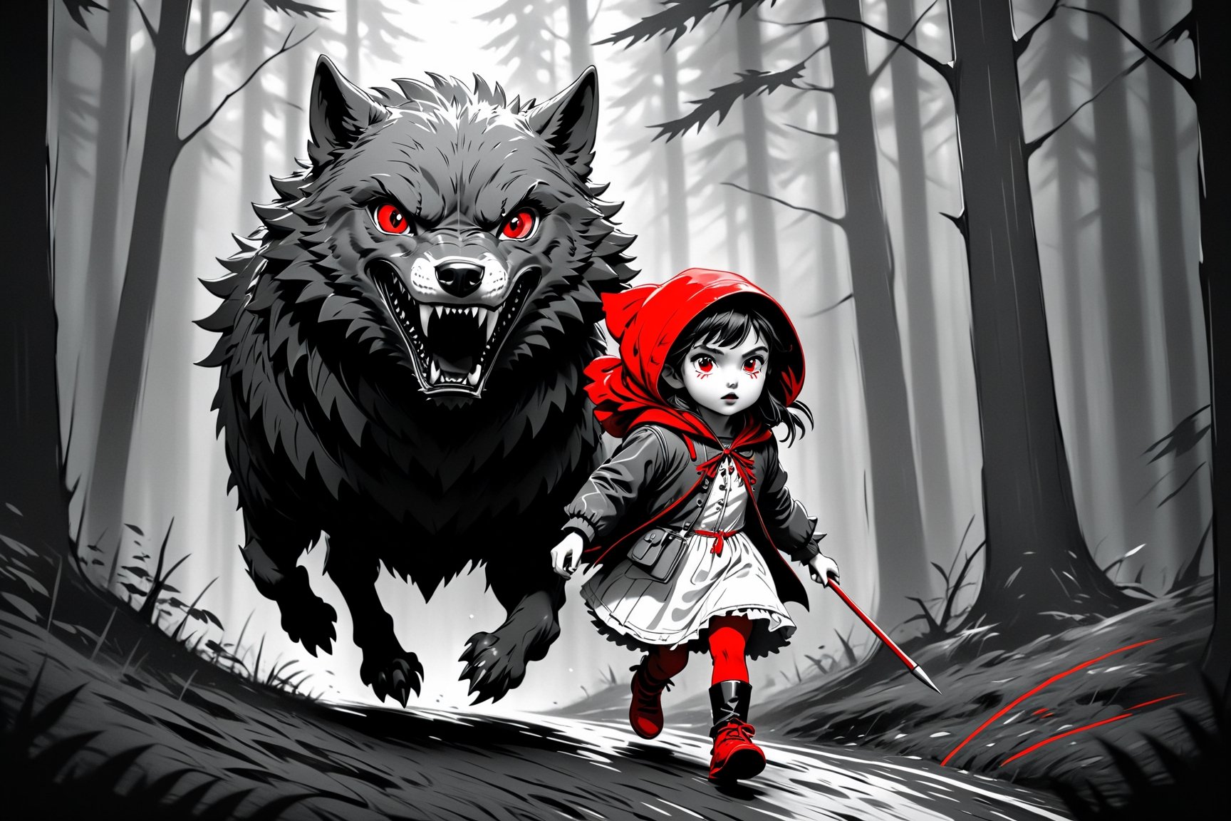 Little Girl Riding Hood walking slowly by a dense forest, fearfully, being attacked by a big wolf with red eyes, ((drawing lines)), ((only one girl)), drawing in black and withe, thick lines, filagree, realistic, grey backgroung, monster, Leonardo Style,Pencil Draw,Fashion Illustration,Flat vector art,pencil sketch,lineart