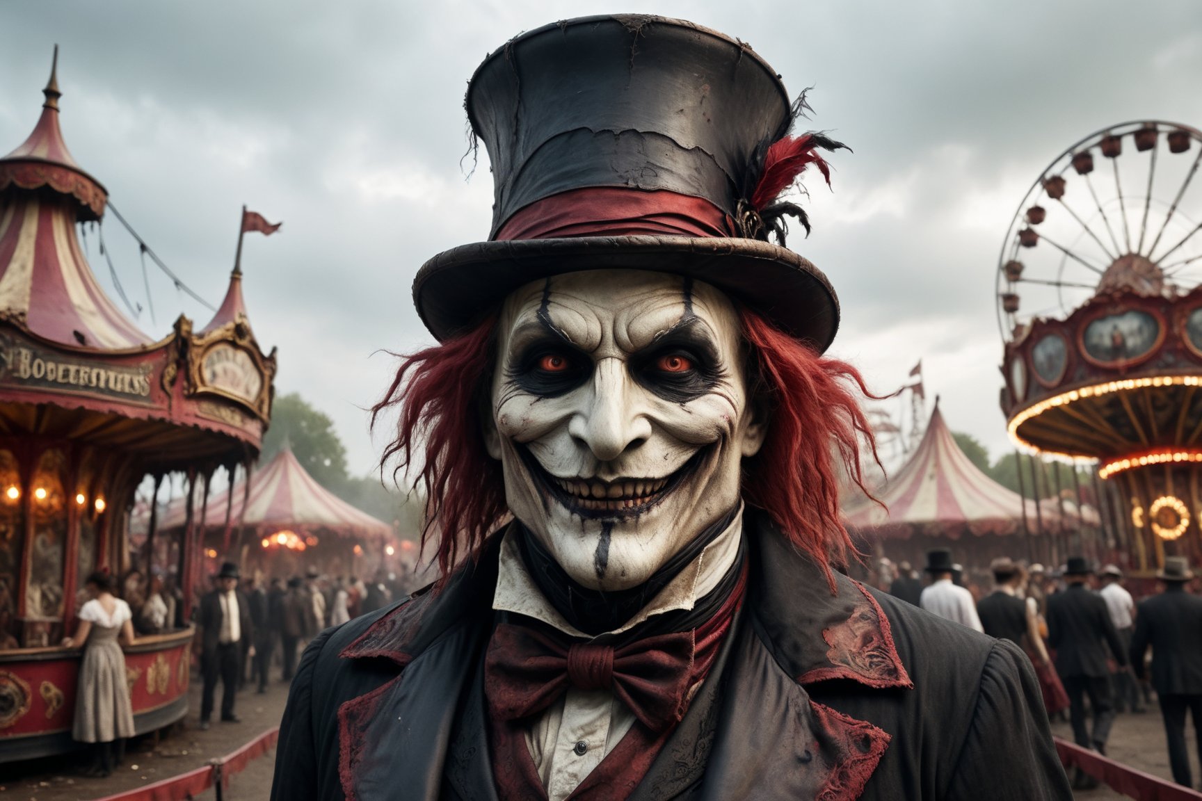 a carnival figure with twisted features, a top hat, and a sinister smile, carnival reds, ominous blacks and unsettling whites, sinister and ominous, disfigured features, dirty and bloody clothes, amusement park atmosphere, spooky atmosphere and atmosphere of terror, old dilapidated amusement park with kis playing in background, 16k UHD, extreme realism, maximum definitions, ultra detail,monster,steampunk style,more detail XL