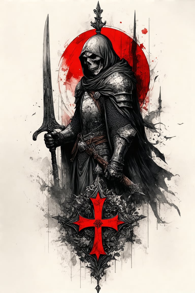 A colored image of a Knight Templar tattoo art style, geometric shapes with a red cross superimposed, ((drawing lines)), black and white drawing. The tattoo is detailed with intricate designs, capturing the eerie atmosphere of Halloween. The composition is dynamic, with the grim reaper's cape billowing. The lighting is dark and brooding, emphasizing the horror elements. The man's arm is tense, showing off the bold and detailed tattoo.