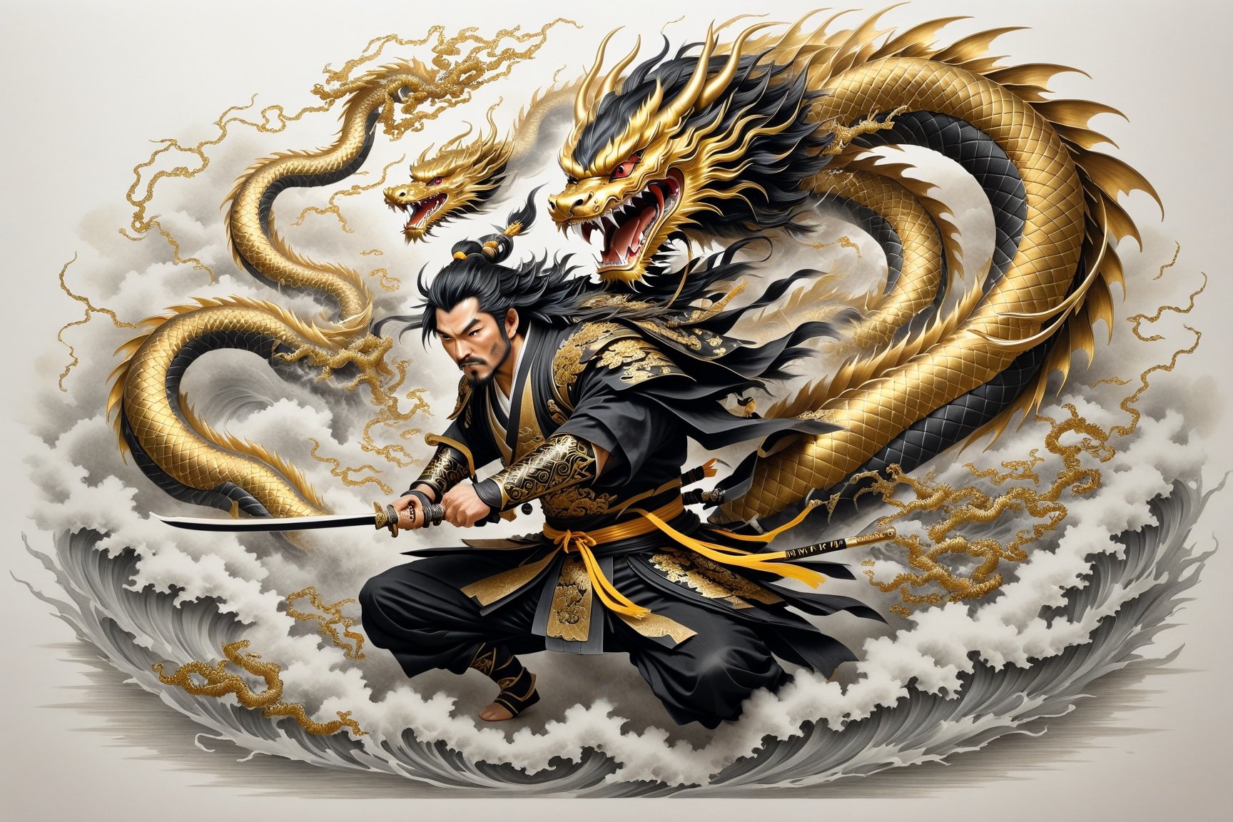 Japanese warrior being attacked by flying dragons, ((only one warrior)), drawing in black and gold colors, filagree, realistic, white backgroung, monster, Leonardo Style,Pencil Draw,concept