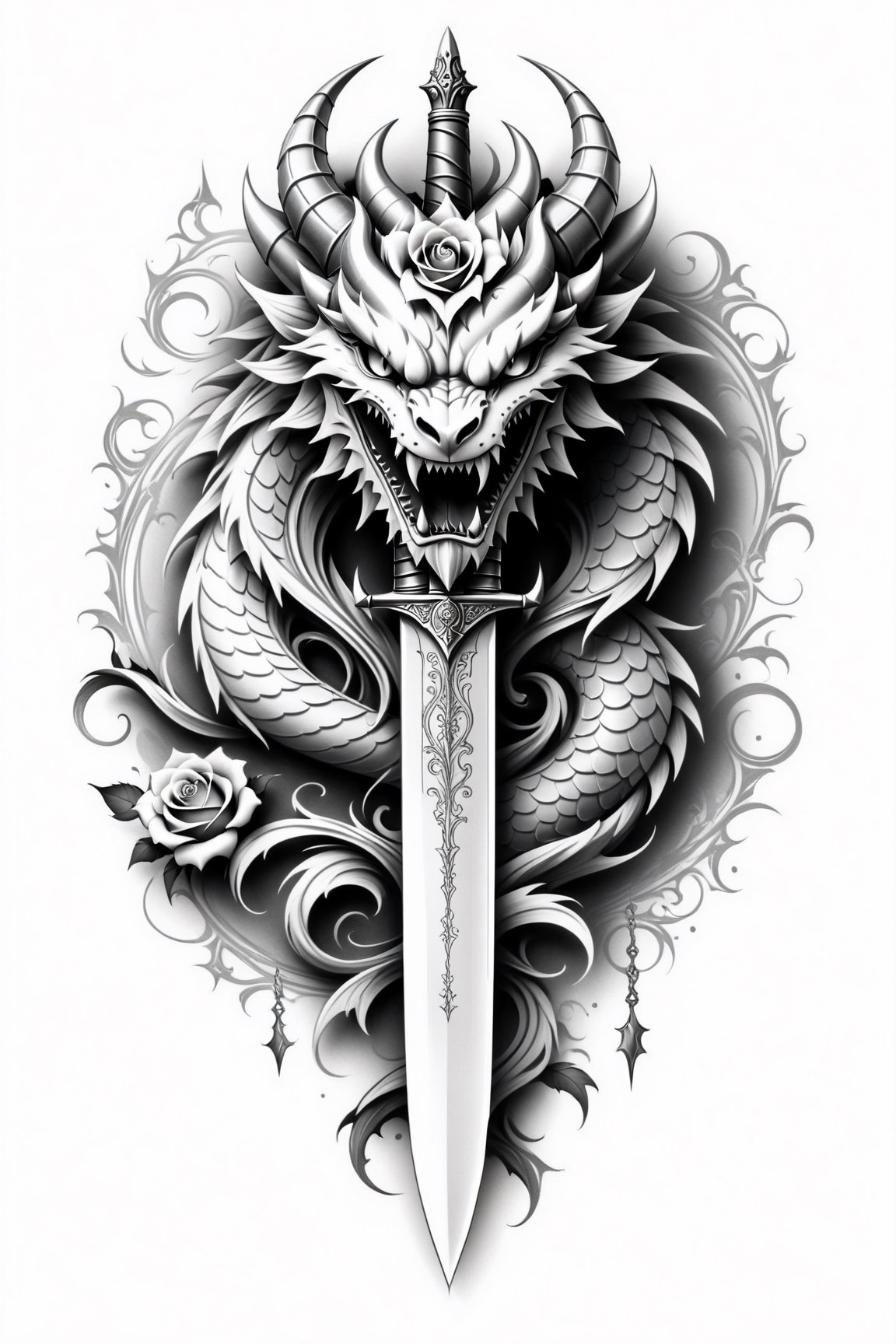 lineart tattoo design of a dagger, with (a dragon head and a rose superimposed), ((drawing lines)), drawing in black and withe, thick lines, filagree, realistic, white backgroung, monster, Leonardo Style,Pencil Draw,Fashion Illustration,Flat vector art,pencil sketch