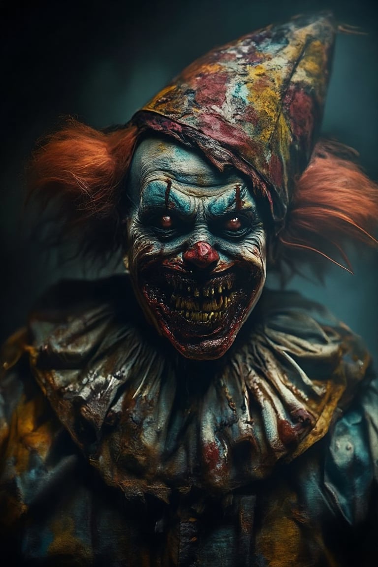 A man with colorful Halloween clown makeup with sunken eyes that seem lifeless. He has a scary smile that shows his bloody teeth. He wears a small clown hat. He looks terrifying and menacing.