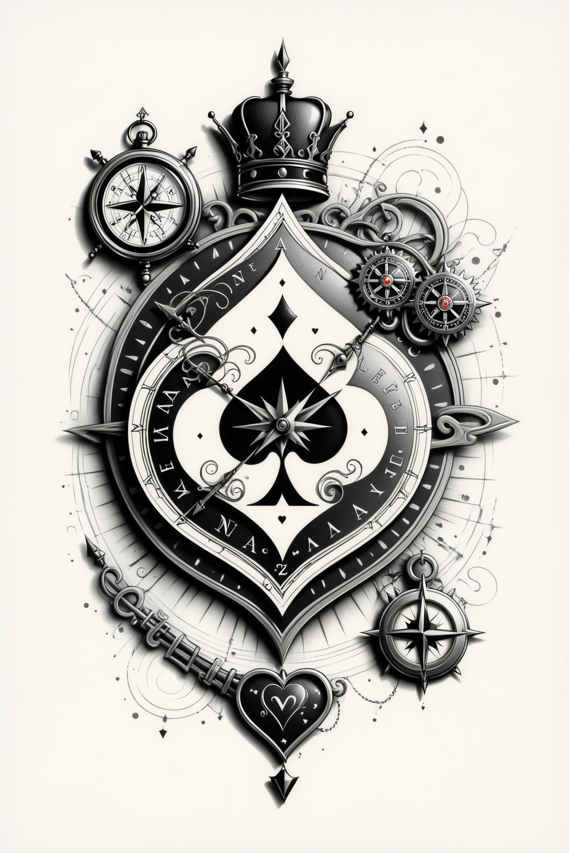 lineart tattoo design of an (ace of hearts poker card, a vintage chain watch and a retro compass superimposed), ((drawing lines)), drawing in black and withe, thick lines, filagree, realistic, white backgroung, monster, Leonardo Style,Pencil Draw,Fashion Illustration,Flat vector art,pencil sketch