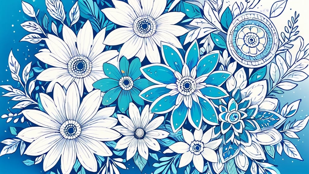 masterpiece, best quality, 1girl, flowers, flat color, lineart, abstract, ornate, blue theme,