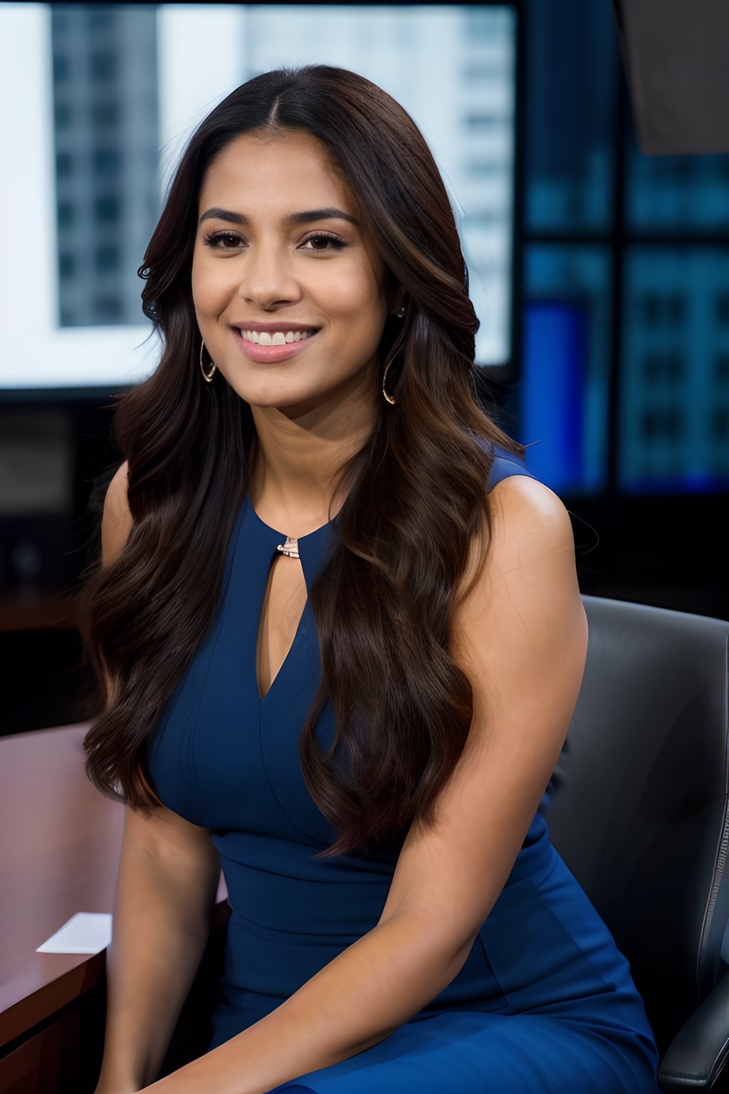 face photo of a beautiful latina 26 y.o woman model,, brown skin, thin, corporate attire, chiseled jawline, narrow face, beautiful flowing hair, sitting, ultra realistic, ultrawide, news anchor outfit, holding microphone, greys and blues, on news cast set, indoors, studio, looking at viewer, smiling


