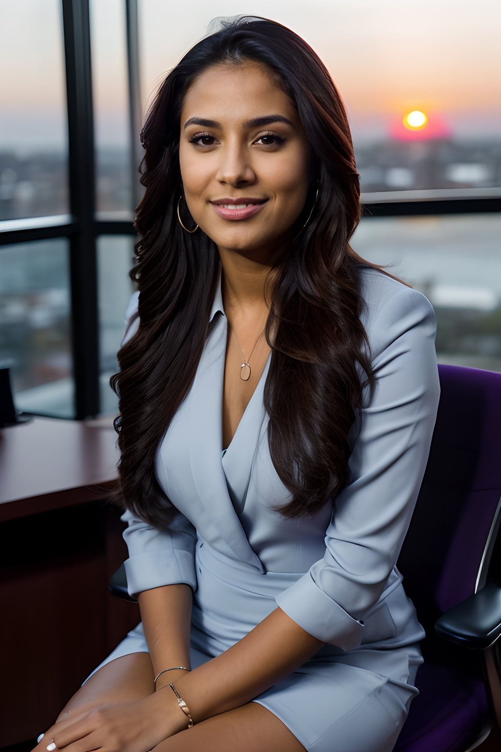 face photo of a beautiful latina 26 y.o woman model,, brown skin, thin, corporate attire, chiseled jawline, narrow face, beautiful flowing hair, sitting, ultra realistic, ultrawide, sunset, dusk, purple skies, news anchor outfit, holding microphone, greys and blues

