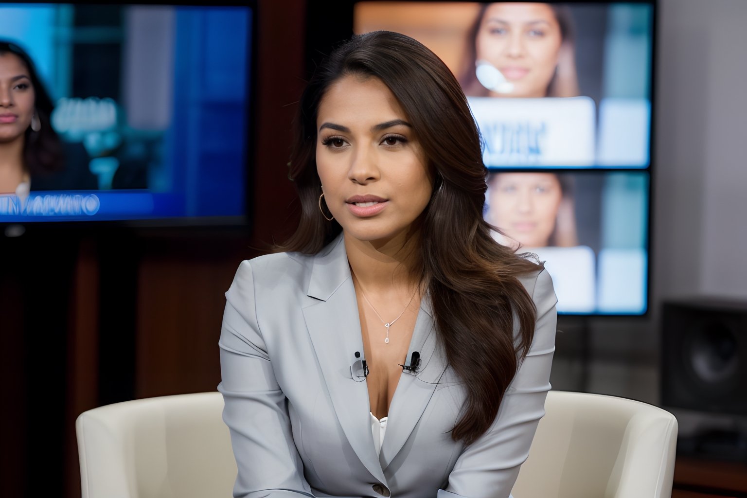 face photo of a beautiful latina 26 y.o woman model,, brown skin, thin, corporate attire, chiseled jawline, narrow face, beautiful flowing hair, sitting, ultra realistic, ultrawide, news anchor outfit, holding microphone, greys and blues, on news cast set, indoors, studio, news

