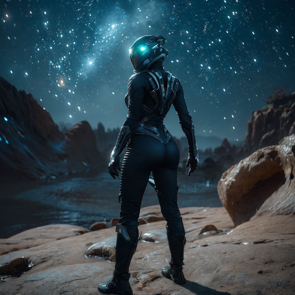 ((Ultra-realistic,  soft lighting)) wide shot of 1female hive entity standing in the vastness of the galaxy's edge; her bo...