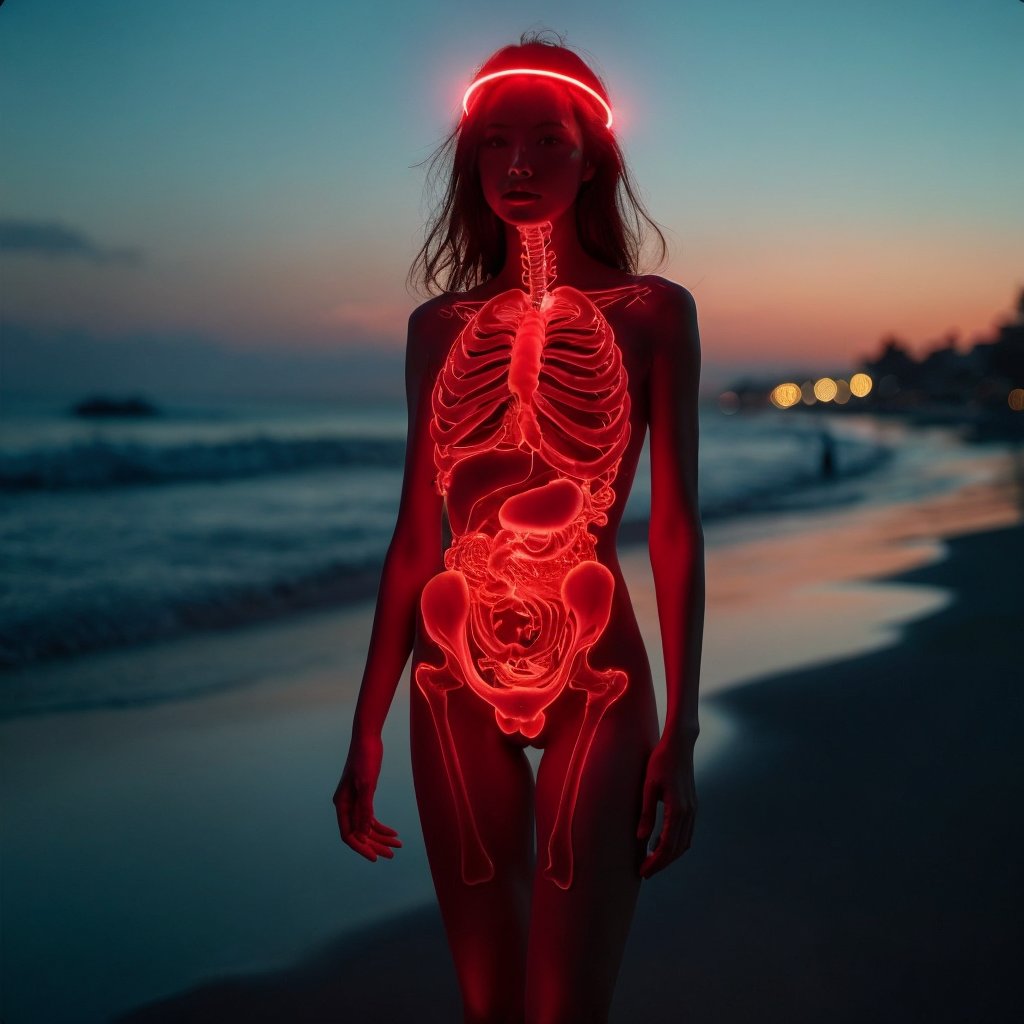 ((Realistic 8K resolution, RAW, extreme detail description)) taken from the bottom up, at ground level photography of full body shot of a young, attractive Asian woman floats in the air, her face surrounded by a glowing halo of red neon lights. There are no bones under her neck, but instead a series of realistic organs, including a spleen, pancreas, kidneys, liver, intestines and extended intestinal structures. dark theme, at city street, near beach.illuminated by film grain, realistic style, realistic skin texture, dramatic lighting, soft lighting, exaggerated perspective of ((Wide-angle lens depth)),