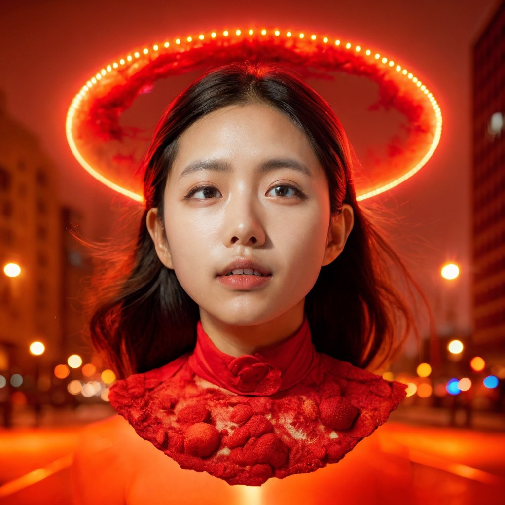 ((Realistic 8K resolution, RAW, extreme detail description)) taken from the bottom up, at ground level photography of full body shot of a young, attractive Asian woman floats in the air, her face surrounded by a glowing halo of red neon lights. There are no bones under her neck, but instead a series of realistic organs, including a spleen, pancreas, kidneys, liver, intestines and extended intestinal structures. dark theme, at city street, near beach.illuminated by film grain, realistic style, realistic skin texture, dramatic lighting, soft lighting, exaggerated perspective of ((Wide-angle lens depth)),