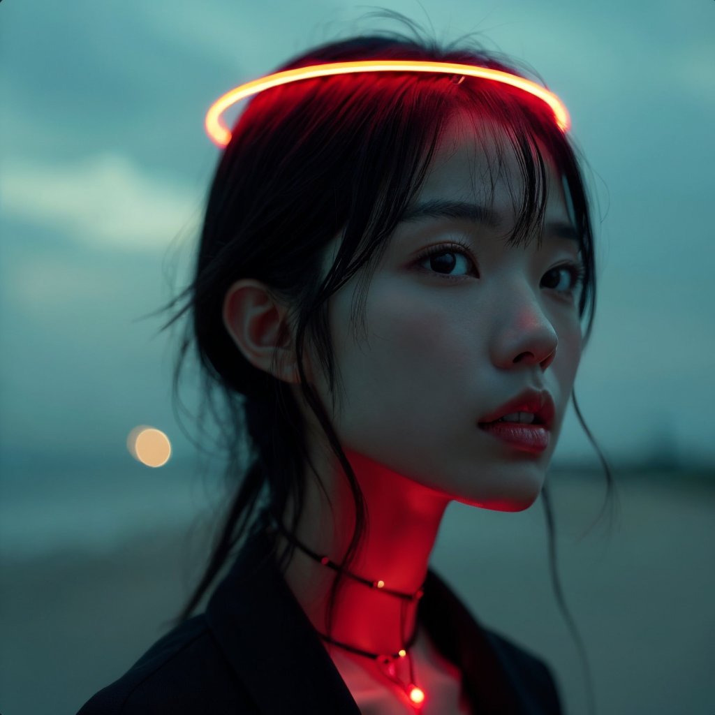 ((Realistic 8K resolution, RAW, extreme detail description)) taken from the bottom up, at ground level photography of full body shot of a young, attractive Asian woman floats in the air, her face surrounded by a glowing halo of red neon lights. There are no bones under her neck, but instead a series of realistic organs, including a spleen, pancreas, kidneys, liver, intestines and extended intestinal structures. dark theme, at city street, near beach.illuminated by film grain, realistic style, realistic skin texture, dramatic lighting, soft lighting, exaggerated perspective of ((Wide-angle lens depth)),