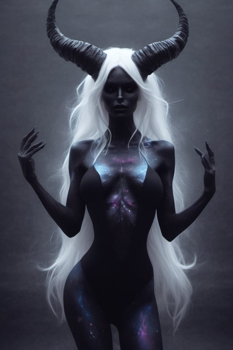  a dark demon girl with black horns, (pitch black eyes, cosmic black:1), , bright bleach white tips  hair , well lit , very fit, 
big boobs,
full body posing with power, 
dress and shoes,
(standing:1.3), 
(((Full_body_shot)))