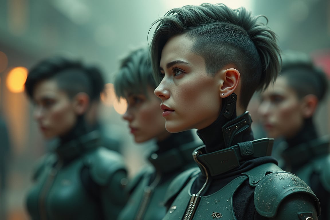 designed by Wayne Barlowe and Martin Deschambault and Alex Schomburg, octane render, Gamercore, cool robotic sci-fi soldiers of Prey Psychologist, being looked at by a group of Females, her hair is Irish and styled as Undercut, she has a Ribbon, Bokeh, Ultra Real, soft light, Depth of field 100mm, Mono Color, gorgeous, best, glowing, full color, sublime