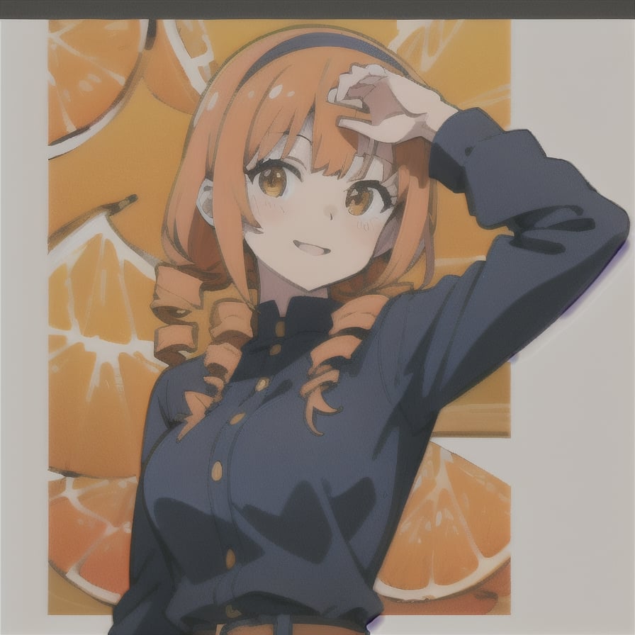 best quality, (anime screencap, anime coloring,:1.1) (orange slice, vivid_fruits, :1.3), colorful, 1girl, solo, (cowboy shot:1.1), (upper body:1.1), white background, simple background, (white border:1.2), , (mature female ,madame,:1.2), :d 1girl, orange nails, solo, orange hair, smile, hair ornament, long hair, orange (fruit), belt, looking at viewer, orange eyes, shirt, drill hair, breasts, food, food-themed hair ornament, fruit, hairband, blush, bangs, long sleeves, closed mouth, BREAK, indigo blue shirt, , upper body,buttons, skirt, (arm behind :1.2),