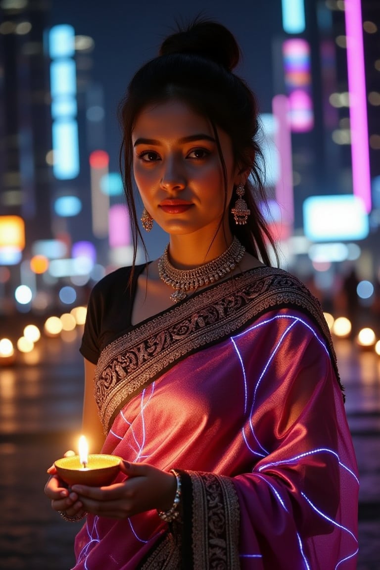 In a dazzling futuristic metropolis where the ancient meets the avant-garde, a young Indian woman stands out, decked out in a cyberpunk-infused saree with metallic and neon accents that pulses with the vibrant heartbeat of the city. The intricate glowing borders and digital neon blue and purple patterns on her dress danced in harmony with the futuristic grandeur around her, offering a stark yet stunning contrast to the towering chrome-clad buildings stretching skyward. Cradling a small flickering Diwali candle in her hand, a warm golden glow kisses her features, painting a serene portrait against a cool, neon-lit background. Candles, symbols of hope and tradition, emit a soft light that mixes with the vibrant and ever-changing hues of the cityscape, creating a visual symphony of past and future, tradition and innovation, warmth and technology. Amidst the storm of progress, he remains an unwavering beacon of cultural heritage, reminding all who pass by of the importance of carrying the light of tradition into the future.