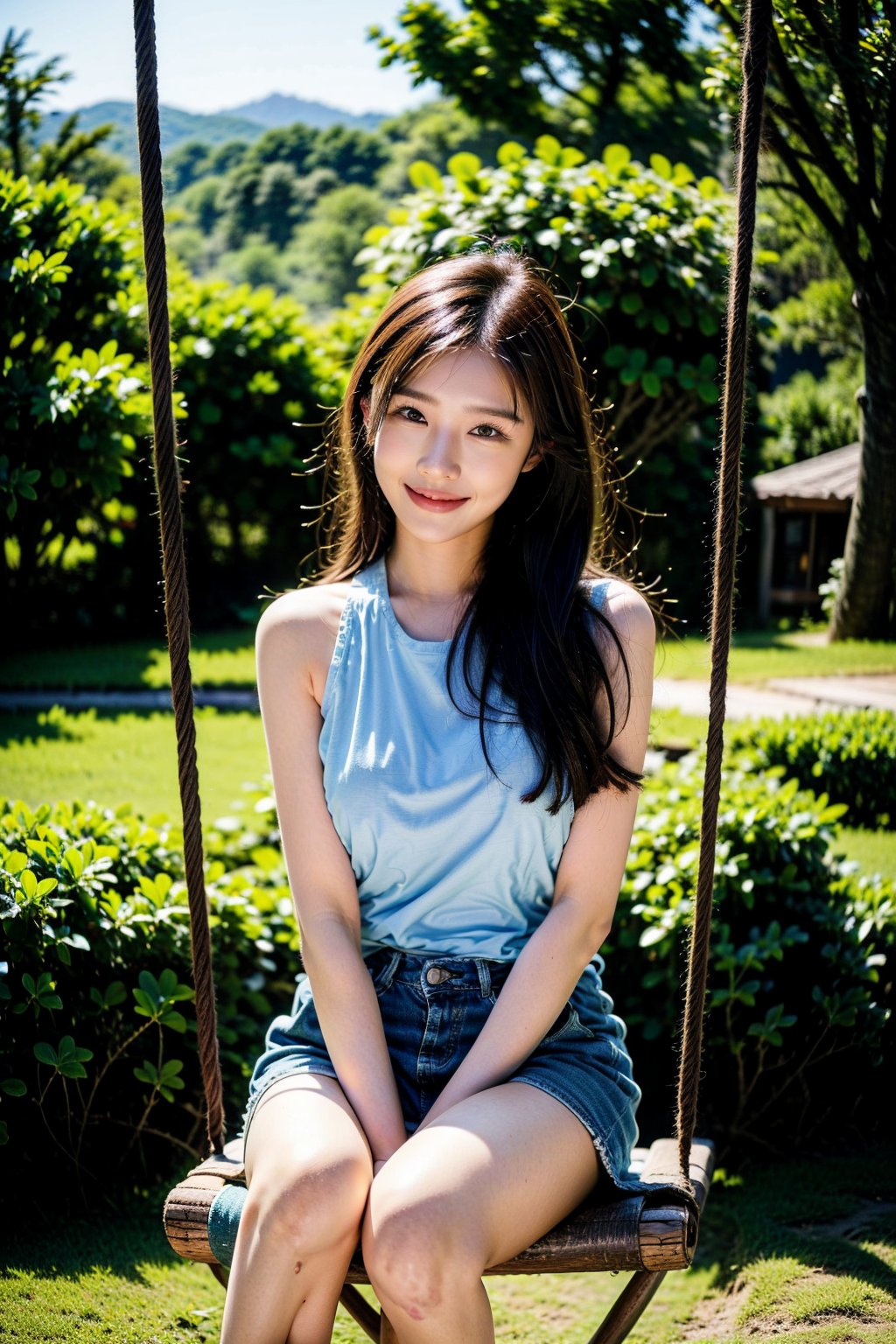 In a serene paddy field landscape where a majestic river elegantly flows, a 165 cm tall Instagram model with very pale white skin and a stunning thigh gap is captured by Ma Quan, an acclaimed photographer. She is seated on a swing with a pink door as the backdrop, emanating a contagious aura of joy with a huge smile, showcasing her great time. This harmonious scene of natural beauty and playful charm is being live-streamed on Twitch for her devoted fans, who are drawn to her authenticity and good physical shape. The entire moment is framed by the exquisite contrast of the vast, very very very beautiful scenery that envelopes her, as she swings gently in the breeze, inviting viewers to join her in the peaceful symphony of life's simple pleasures.