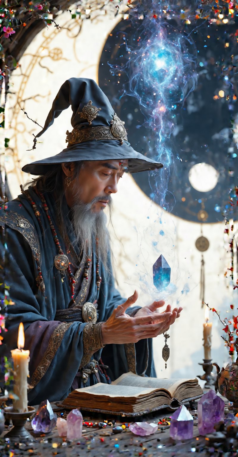 Create an image that combines the ancient practices of divination and feng shui, depicting a wise sorcerer in a mystical setting, surrounded by metaphysical symbols and elements from the metafizik realm. The sorcerer is engaged in reading the energy flow and interpreting the placement of objects to reveal hidden meanings and guide the path to balance and harmony, with a focus on the interplay of light and shadow, embodying the philosophical concept of yin and yang. The composition should be vivid, with an intricate arrangement of crystals, candles, and an open book of arcane knowledge, all situated within a serene yet powerful environment that suggests a deep connection to the spiritual forces of the universe.