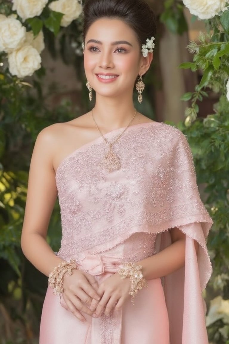 Create a full-body portrait of a stunning Thai woman wearing a light pink Thai silk gown, intricately embroidered with sophisticated patterns and adorned with luxurious jewelry. Her hair was carefully styled and accessorized with delicate floral hair clips that complemented the floral motif of her dress. She stands gracefully in a spirited setting that exudes a sense of formal elegance, perfect for a high-profile function or function. Capture her soft and friendly smile as she makes a direct and engaging gaze into the camera, exuding a gentle yet confident presence. The atmosphere is bright and radiant, reflecting the beauty and charm of the woman and the importance of the event she is attending.